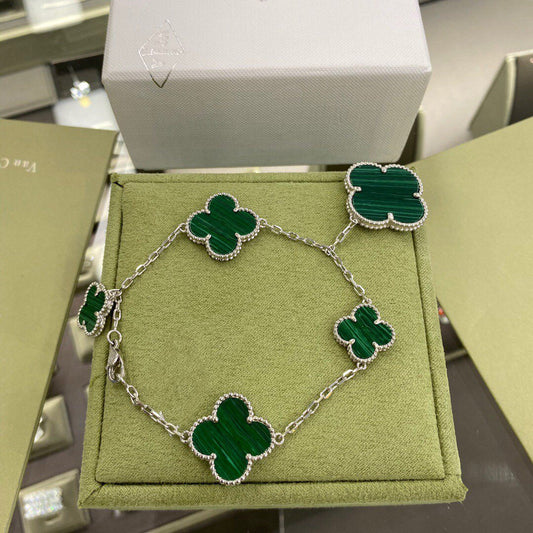 [Echo ]CLOVER 5 MOTIFS SIVLER MALACHITE BRACELET