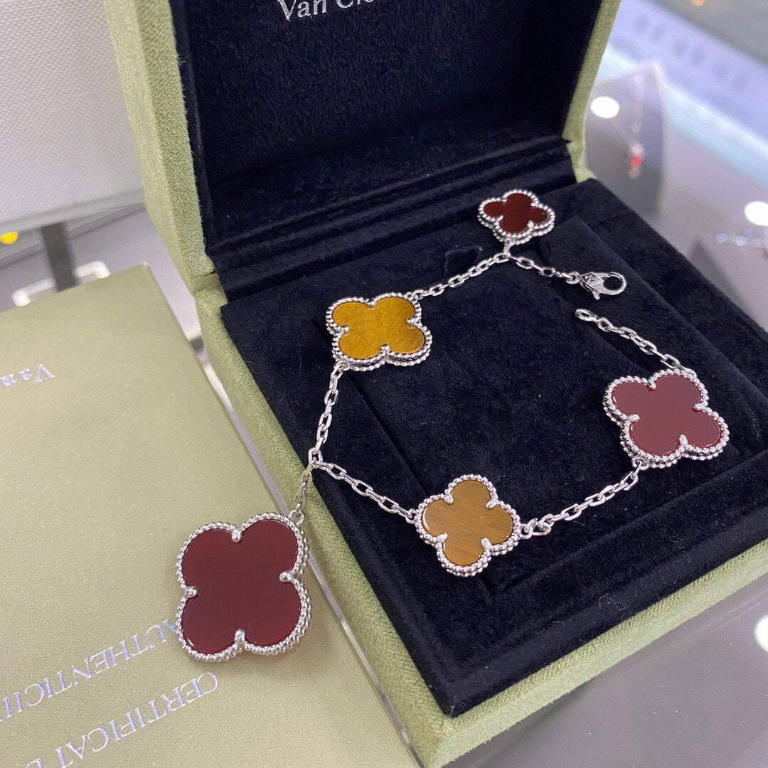 [エコー]クローバー5モチーフシルバーカーネリアンタイガーアイブレスレット