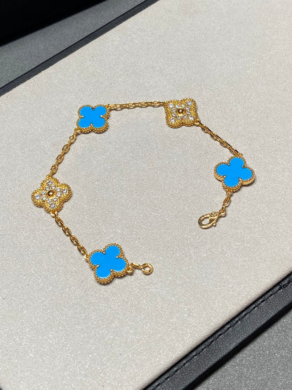 [Echo]CLOVER 5 MOTIF BLUE CHALCEDONY DIAMOND GOLD BRACELET