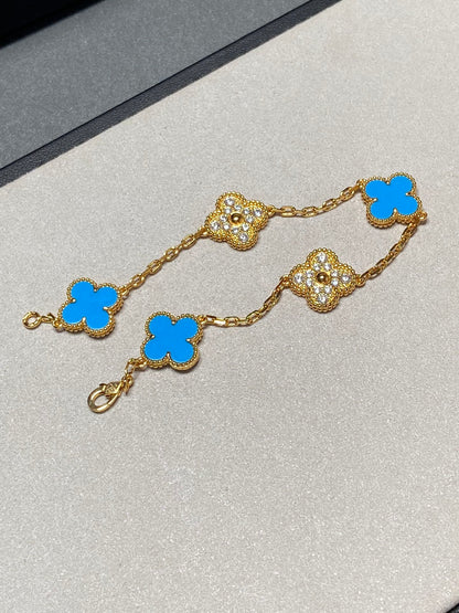 [Echo]CLOVER 5 MOTIF BLUE CHALCEDONY DIAMOND GOLD BRACELET