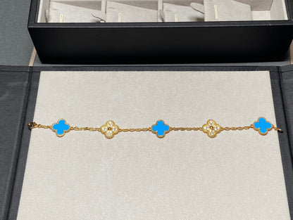 [Echo]CLOVER 5 MOTIF BLUE CHALCEDONY DIAMOND GOLD BRACELET