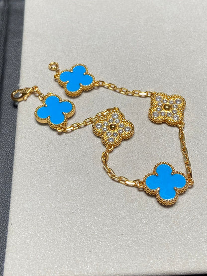 [Echo]CLOVER 5 MOTIF BLUE CHALCEDONY DIAMOND GOLD BRACELET