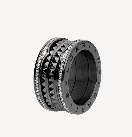 [Echo ]ZERO 1 ROCK FOUR-BAND BLACK CERAMIC WITH STUDDED SPIRAL AND PAVED DIAMONDS RING