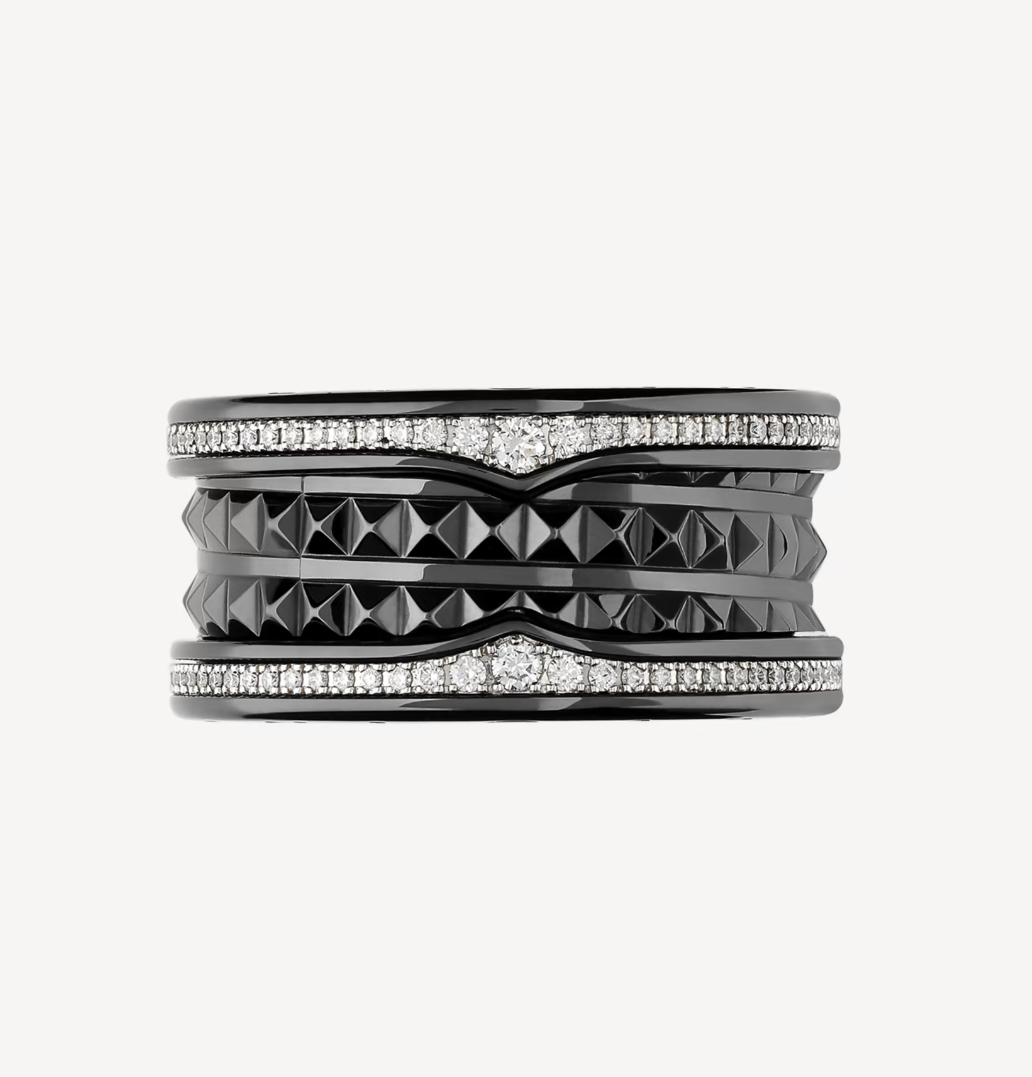 [Echo ]ZERO 1 ROCK FOUR-BAND BLACK CERAMIC WITH STUDDED SPIRAL AND PAVED DIAMONDS RING