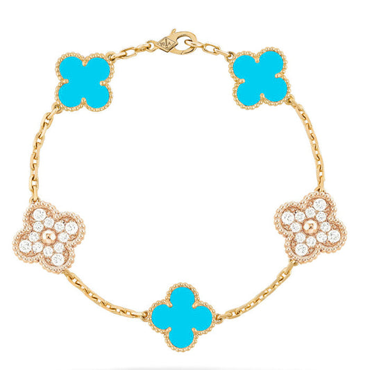 [Echo]CLOVER 5 MOTIF TURQUOISE DIAMOND GOLD BRACELET