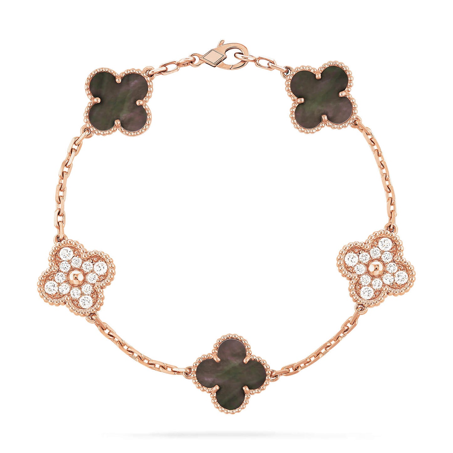 [Echo]CLOVER 5 MOTIFS DARK MOP AND DIAMONDS PINK GOLD BRACELET