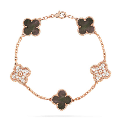 [Echo]CLOVER 5 MOTIFS DARK MOP AND DIAMONDS PINK GOLD BRACELET