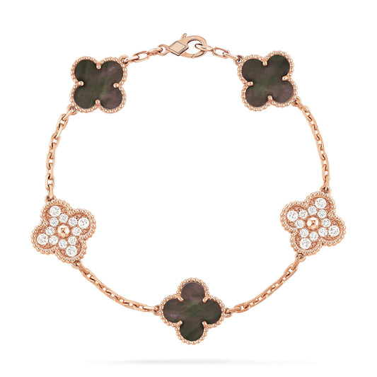 [Echo]CLOVER 5 MOTIFS DARK MOP AND DIAMONDS PINK GOLD BRACELET