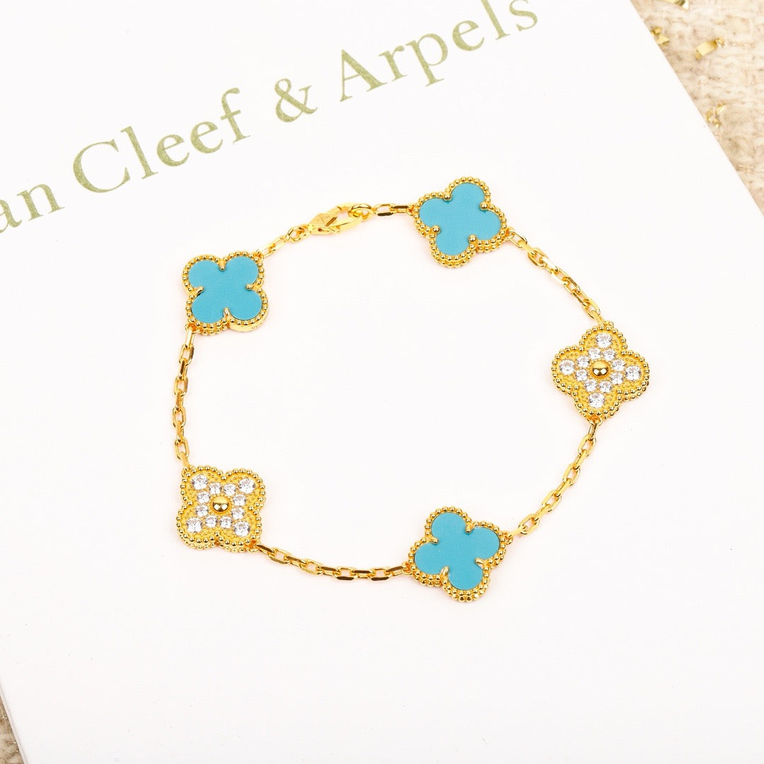 [Echo]CLOVER 5 MOTIF TURQUOISE DIAMOND GOLD BRACELET