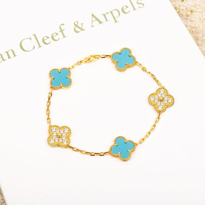 [Echo]CLOVER 5 MOTIF TURQUOISE DIAMOND GOLD BRACELET