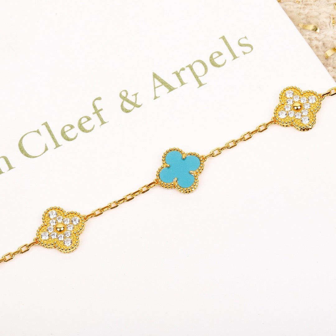 [Echo]CLOVER 5 MOTIF TURQUOISE DIAMOND GOLD BRACELET