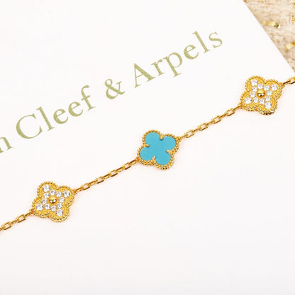 [Echo]CLOVER 5 MOTIF TURQUOISE DIAMOND GOLD BRACELET