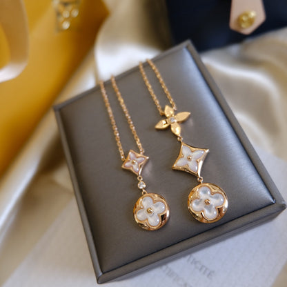 [Echo ]COLOR BLOSSOM LARIAT NECKLACE PINK GOLD WHITE MOTHER PEARL AND DIAMOND