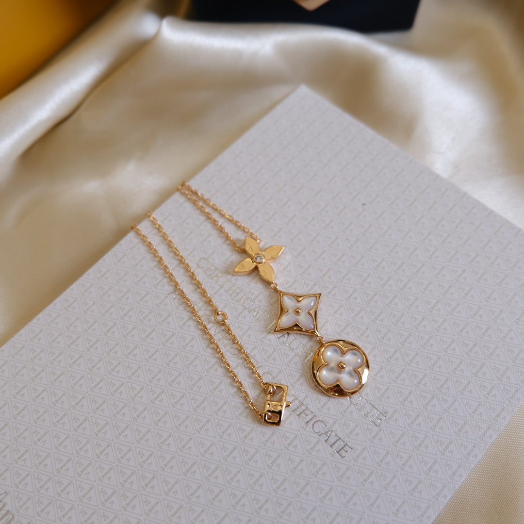 [Echo ]COLOR BLOSSOM LARIAT NECKLACE PINK GOLD WHITE MOTHER PEARL AND DIAMOND