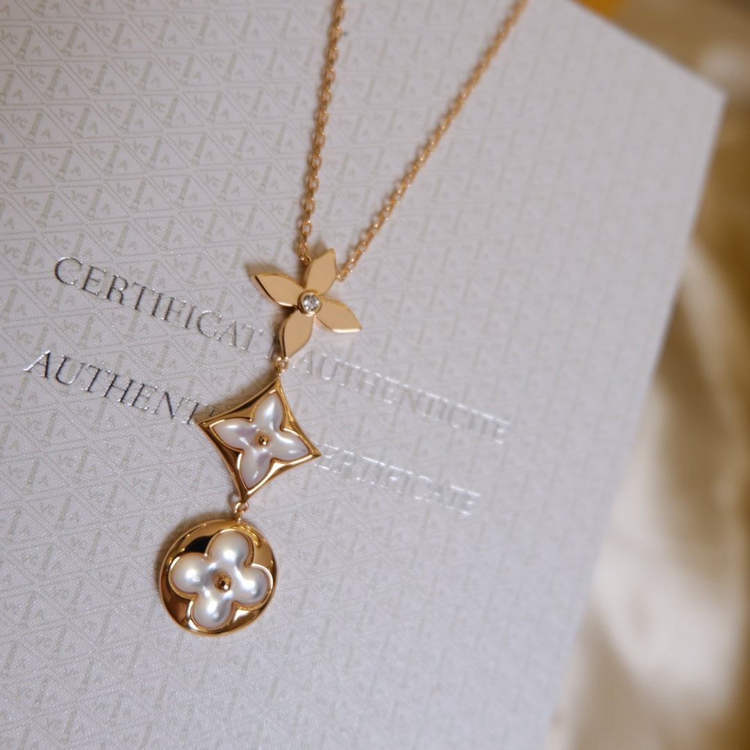 [Echo ]COLOR BLOSSOM LARIAT NECKLACE PINK GOLD WHITE MOTHER PEARL AND DIAMOND