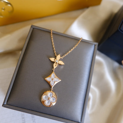 [Echo ]COLOR BLOSSOM LARIAT NECKLACE PINK GOLD WHITE MOTHER PEARL AND DIAMOND