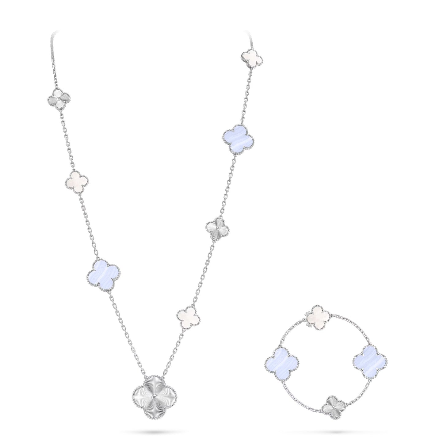 [ECHO]DETACHABLE CLOVER 15(11+4) FLOWER SILVER NECKLACE SET