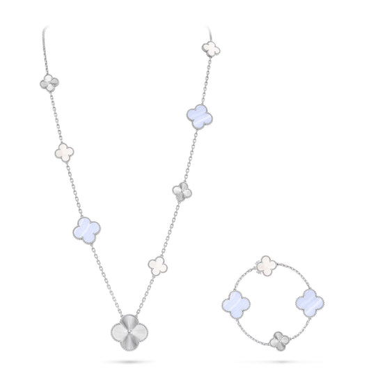 [ECHO ]DETACHABLE CLOVER 15(11+4) FLOWER SILVER NECKLACE SET