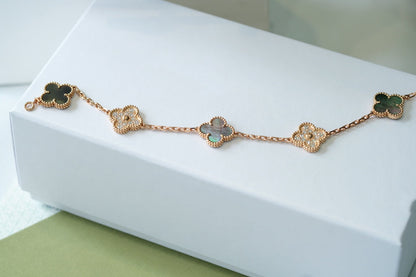 [Echo]CLOVER 5 MOTIFS DARK MOP AND DIAMONDS PINK GOLD BRACELET