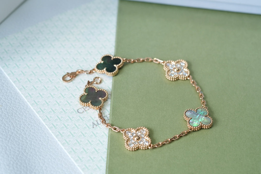 [Echo]CLOVER 5 MOTIFS DARK MOP AND DIAMONDS PINK GOLD BRACELET