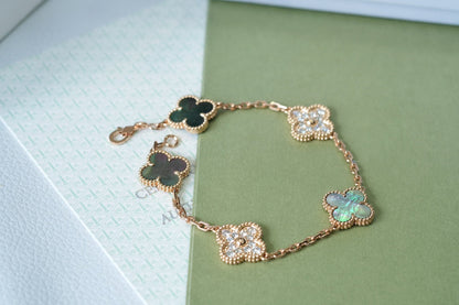 [Echo]CLOVER 5 MOTIFS DARK MOP AND DIAMONDS PINK GOLD BRACELET