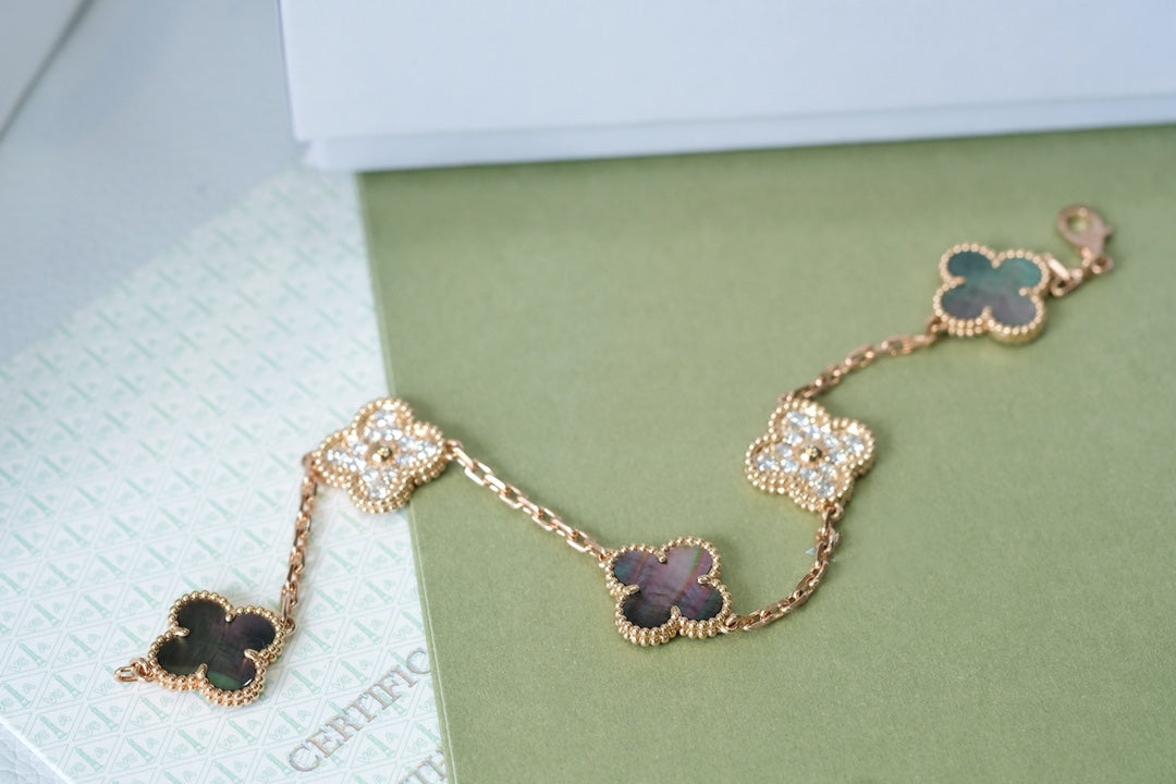 [Echo]CLOVER 5 MOTIFS DARK MOP AND DIAMONDS PINK GOLD BRACELET