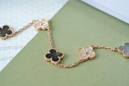 [Echo]CLOVER 5 MOTIFS DARK MOP AND DIAMONDS PINK GOLD BRACELET