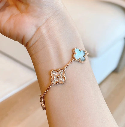 [Echo]CLOVER 5 MOTIFS DARK MOP AND DIAMONDS PINK GOLD BRACELET